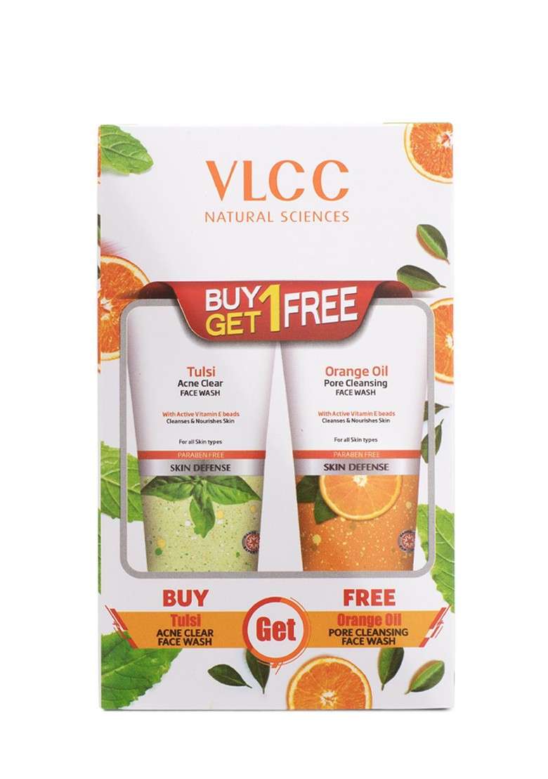 Vlcc Set Of Orange Oil Pore Cleansing Tulsi Acne Clear Face Wash 150 Ml Each - Indya
