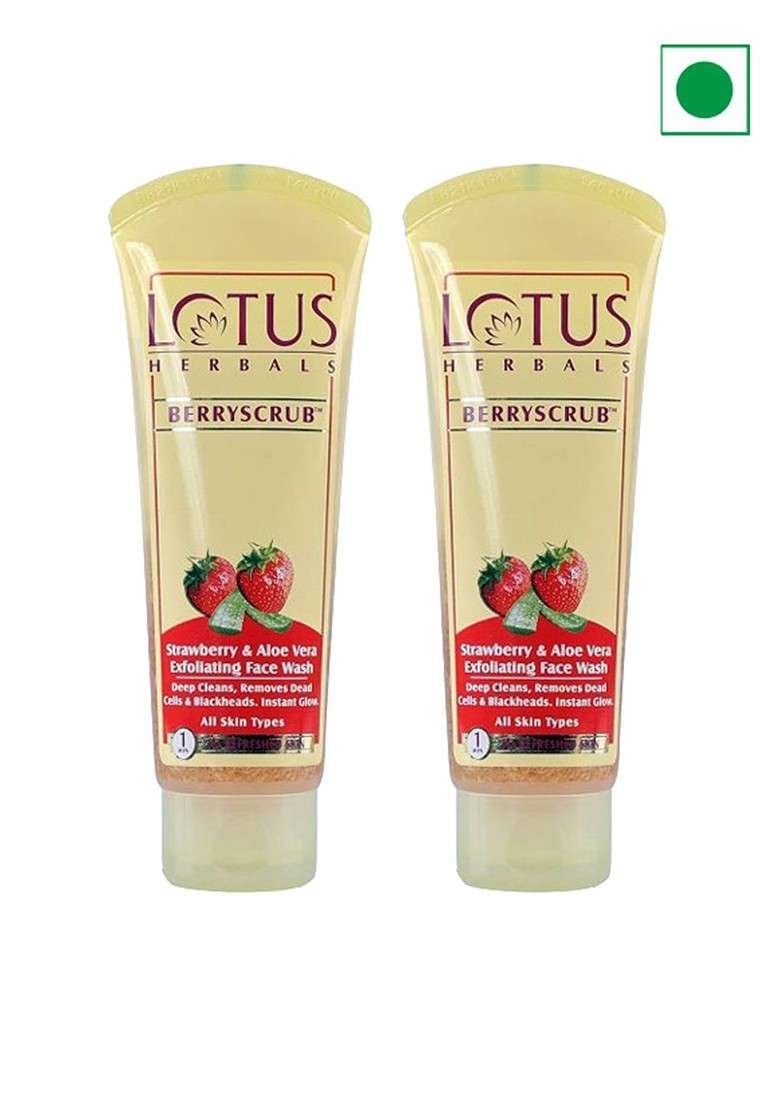 Lotus Herbals Set Of 2 Berryscrub Strawberry Aloe Vera Exfoliating Face Wash 120G Each - Indya