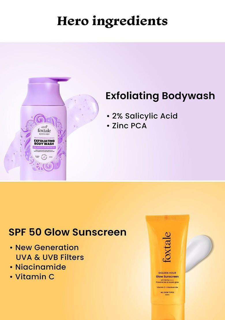 Foxtale Set Of 2 Exfoliate Body Wash 250 Ml With Glow Sunscreen 50
