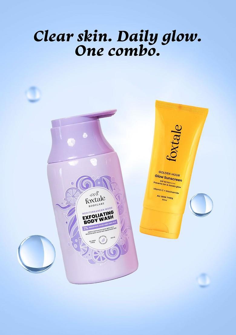 Foxtale Set Of 2 Exfoliate Body Wash 250 Ml With Glow Sunscreen 50