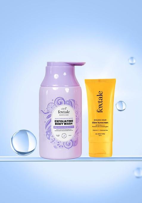 Foxtale Set Of 2 Exfoliate Body Wash 250 Ml With Glow Sunscreen 50