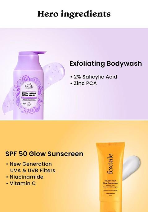 Foxtale Set Of 2 Exfoliate Body Wash 250 Ml With Glow Sunscreen 50
