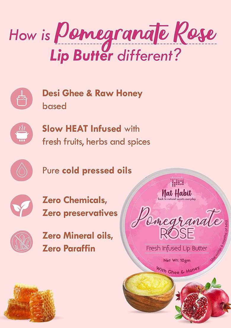 Nat Habit Set Of 2 Pomegranate Rose Fresh Infused Lip Butter With Ghee Honey 10 G Each - Indya