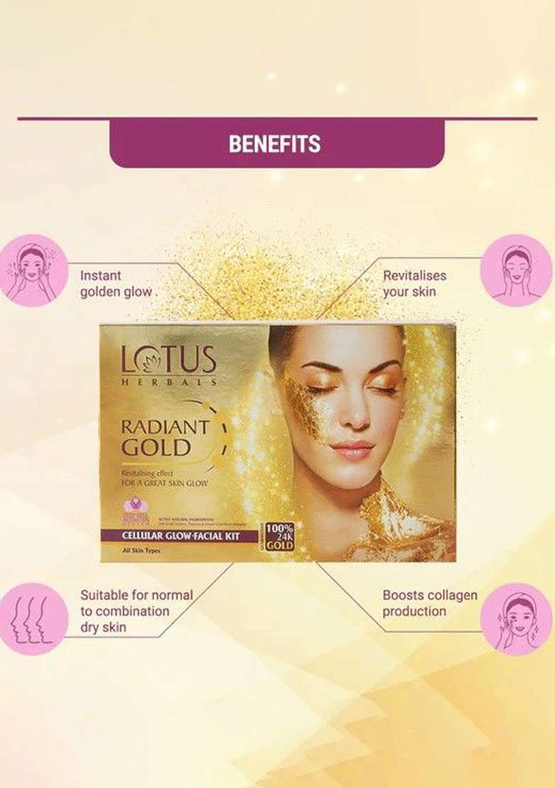 Lotus Herbals Radiant Gold Cellular Glow Facial Kit 4 In 1 With 24K Leaves 37G Each - Indya