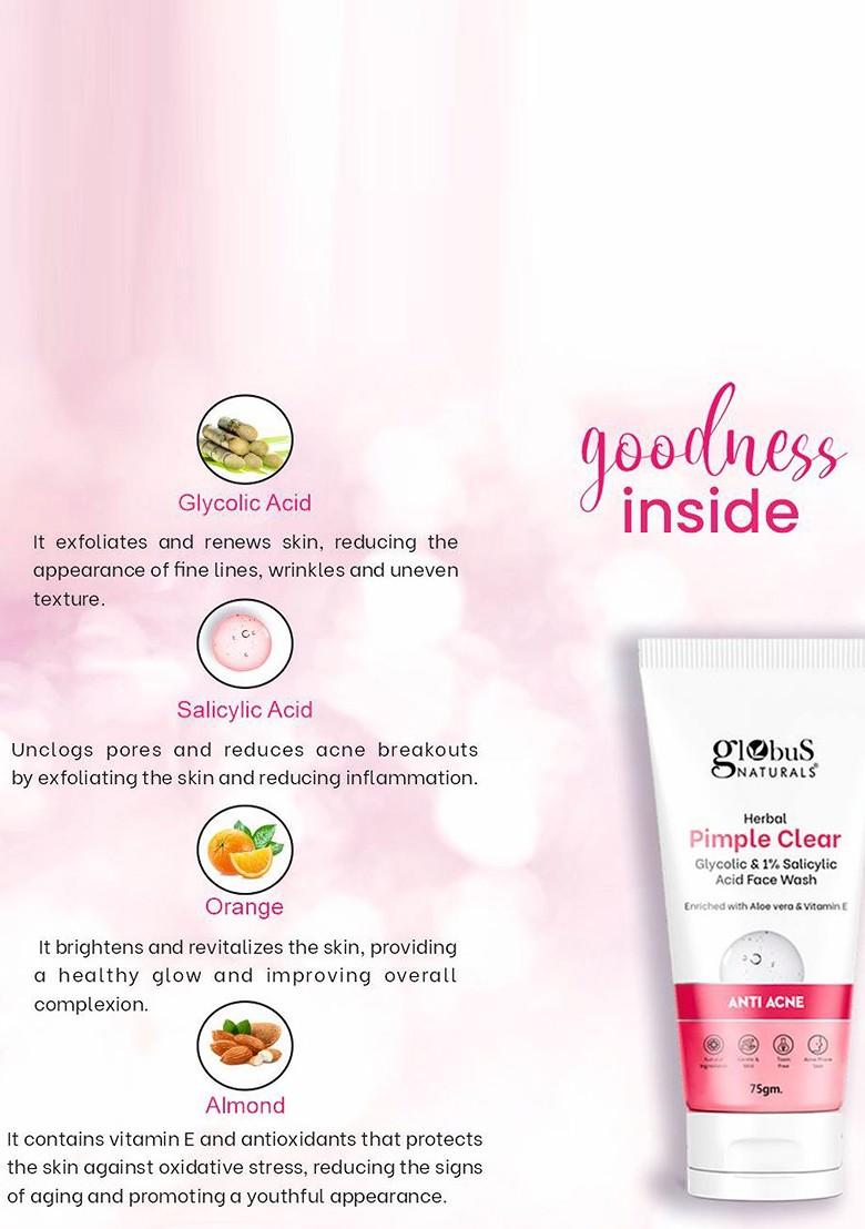 Globus Naturals Set Of 2 Pimple Clear Glycolic Salicylic Acid Face Wash 75 G Each