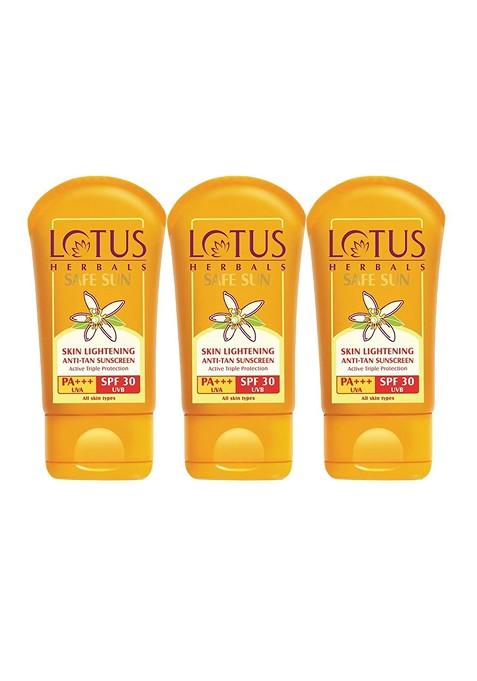 Lotus Herbals Safe Sun Set Of 3 Skin Lightening Anti Tan Spf 30 Sunscreen 50G Each