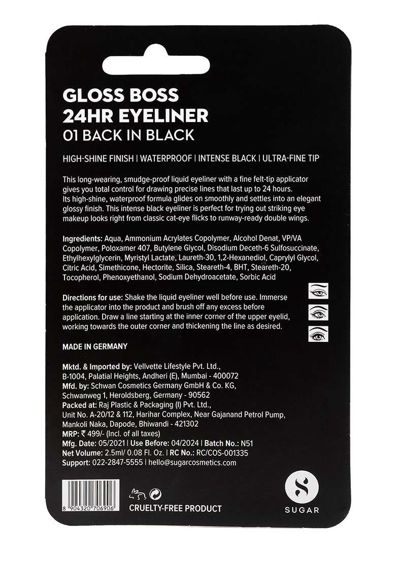 Sugar Gloss Boss 24 Hr Sweat Proof Eyeliner 2 5 G Back In Black 01 - Indya