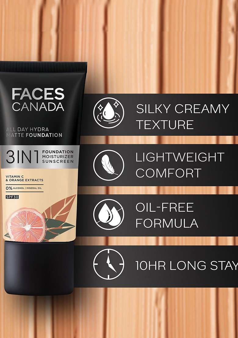 Faces Canada 3 In 1 All Day Hydra Matte Spf30 Foundation 25Ml Rose Ivory 011 - Indya