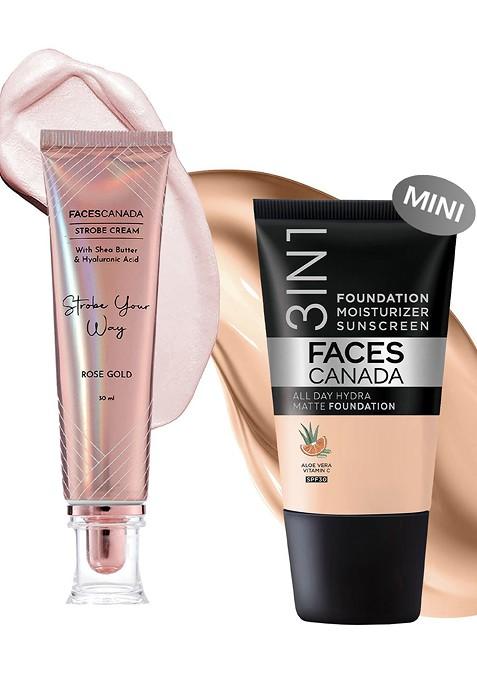 Faces Canada Rose Glow Kit Strobe Cream 30 Ml All Day Hydra Matte Foundation 18