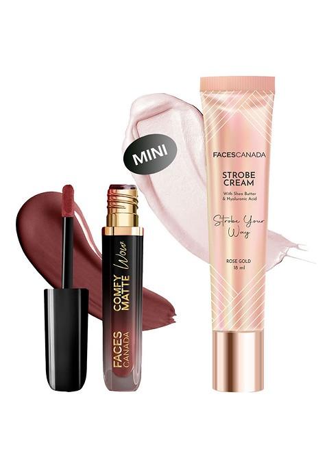 Faces Canada Comfy Matte Wow Liquid Lipstick Cocoa Crush Rose Gold Strobe Cream Combo