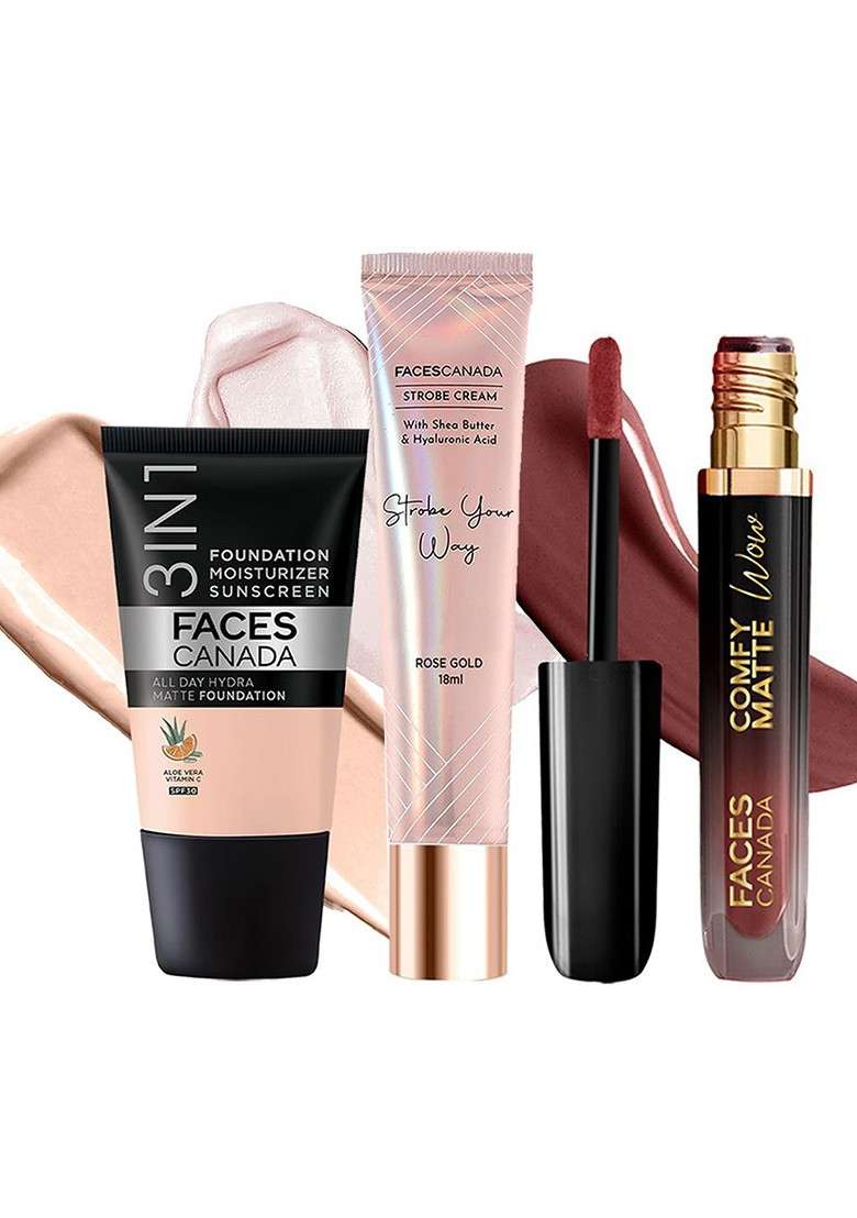 Faces Canada Set Of 3 Strobe Cream Hydra Matte Foundation Comfy Lipstick - Indya