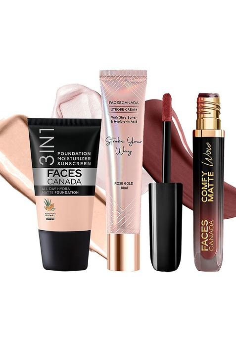 Faces Canada Set Of 3 Strobe Cream Hydra Matte Foundation Comfy Lipstick