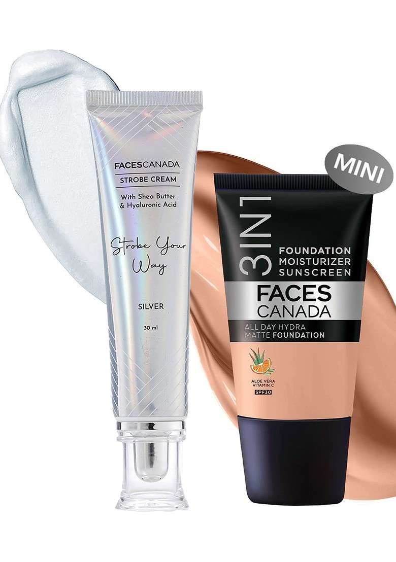Faces Canada Celeb Glow Kit Strobe Cream 30 Ml All Day Hydra Matte Foundation 18 - Indya