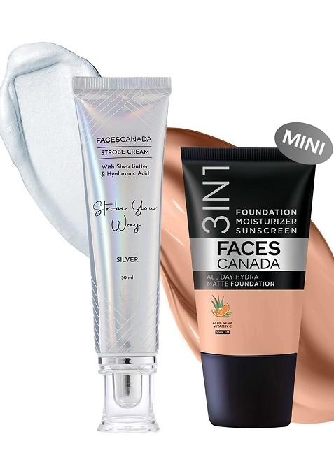 Faces Canada Celeb Glow Kit Strobe Cream 30 Ml All Day Hydra Matte Foundation 18