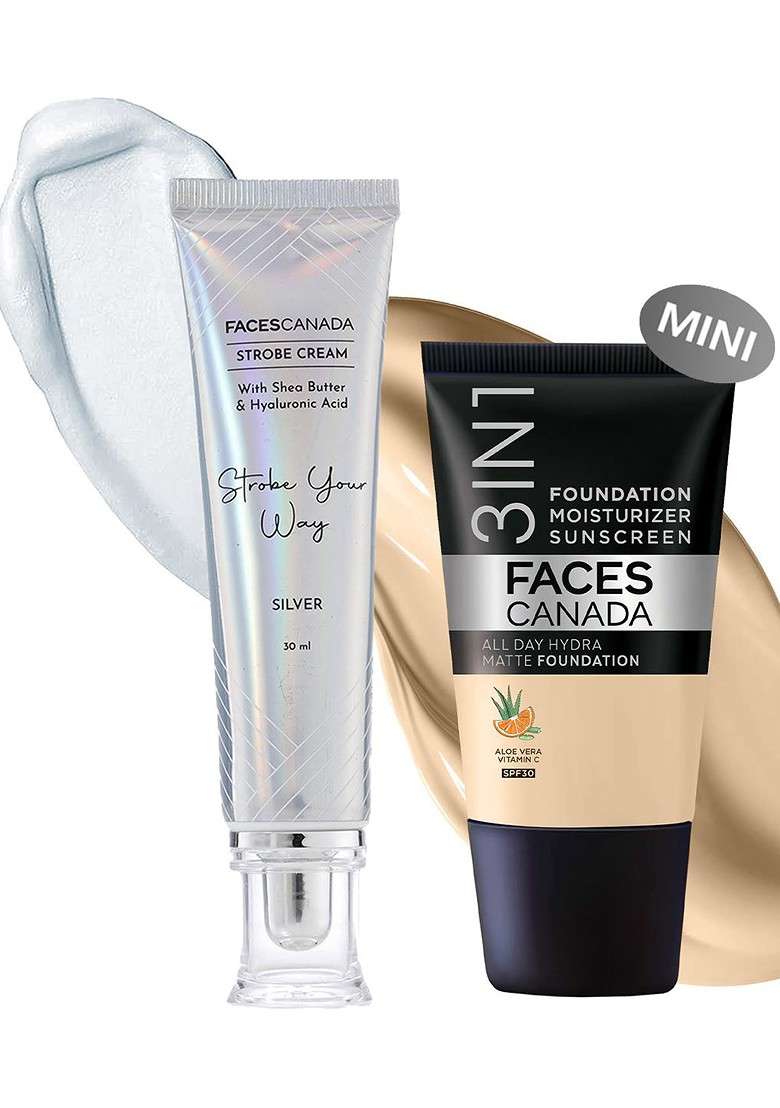 Faces Canada Set Of Silver Strobe Cream 30Ml 3 In 1 All Day Hydra Matte Foundation 18Ml - Indya