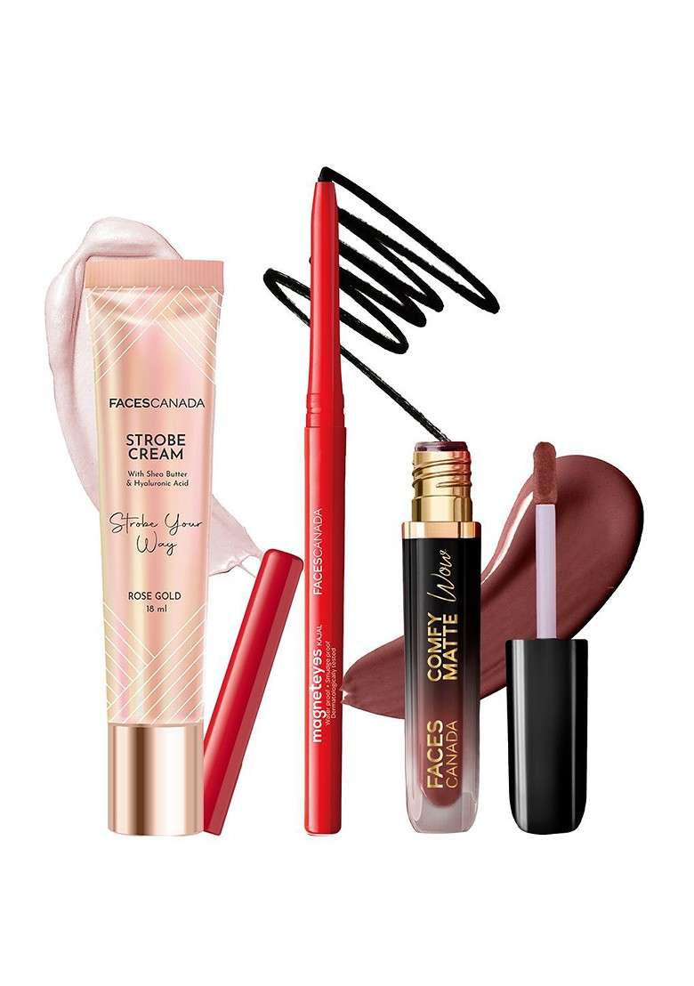 Faces Canada Set Of 3 Strobe Cream 18 Ml With Kajal 0 35 G Comfy Wow Lipstick 8 - Indya