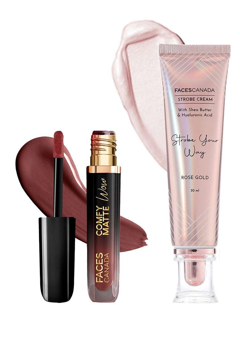 Faces Canada Comfy Matte Wow Liquid Lipstick Cocoa Crush Rose Gold Strobe Cream Combo - Indya