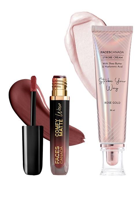 Faces Canada Comfy Matte Wow Liquid Lipstick Cocoa Crush Rose Gold Strobe Cream Combo