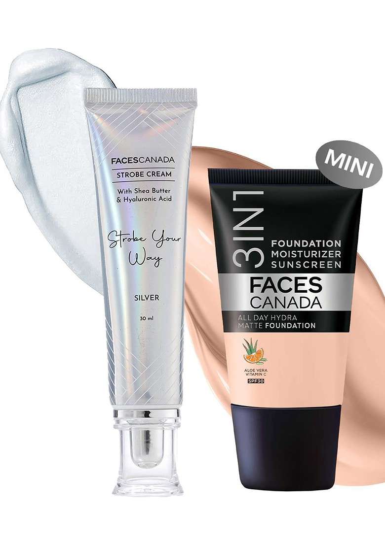 Faces Canada Celeb Glow Kit Strobe Cream 30 Ml All Day Hydra Matte Foundation 18 - Indya