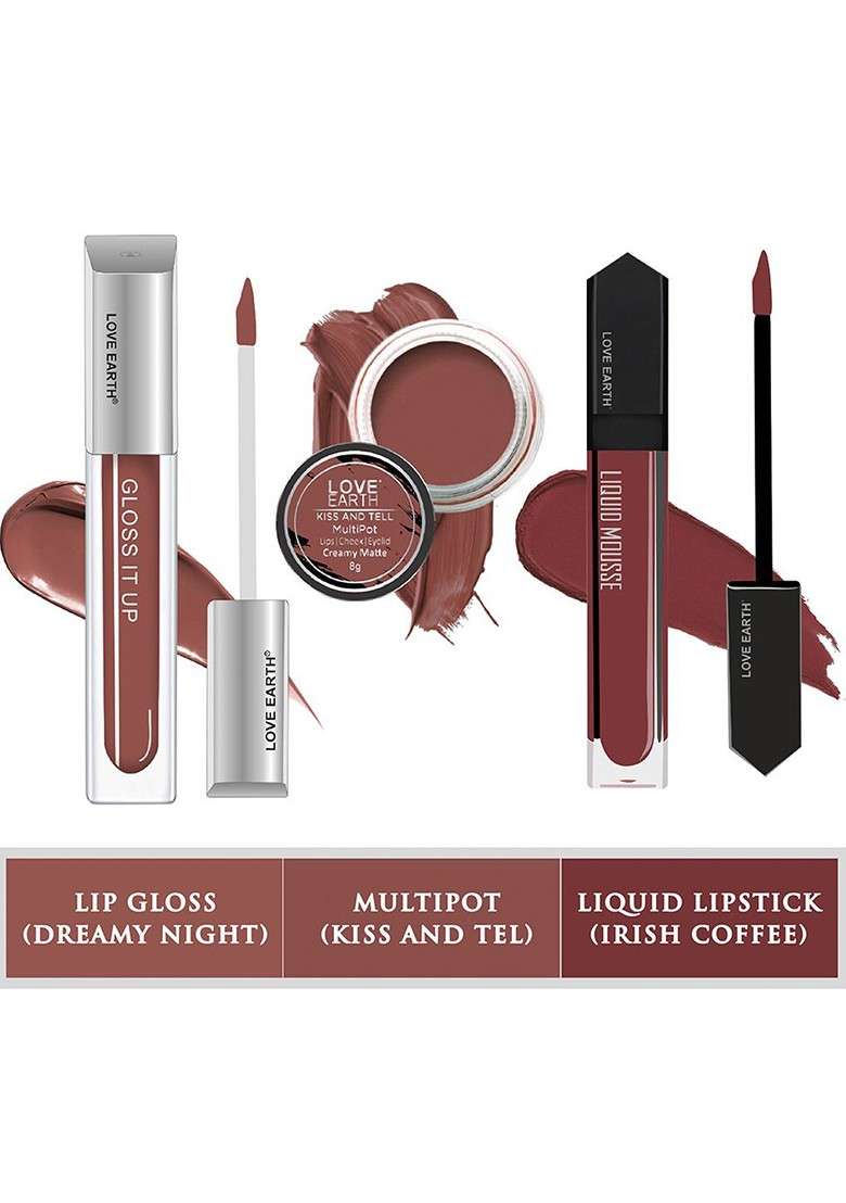 Love Earth Set Of Lip Gloss 3Ml Liquid Lipstick 6Ml With Cheek Tint 8G - Indya