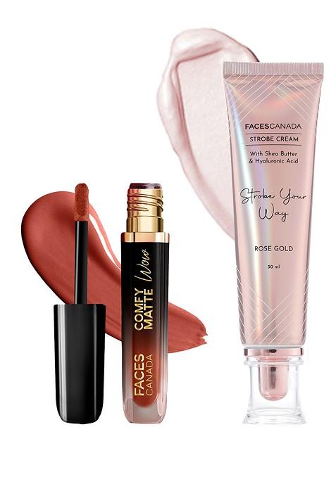 Faces Canada Comfy Matte Wow Liquid Lipstick Nude Nectar Rose Gold Strobe Cream Combo