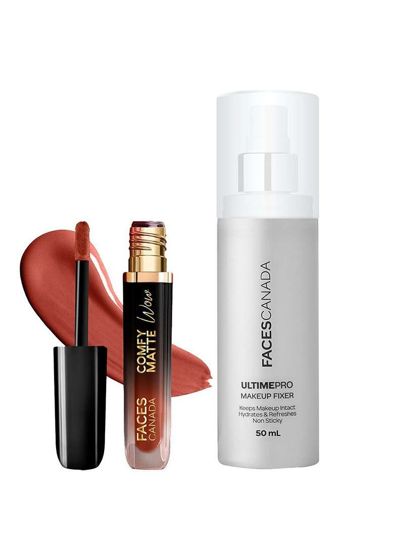 Faces Canada Comfy Matte Wow Liquid Lipstick Nude Nectar Ultime Pro Makeup Fixer Combo - Indya