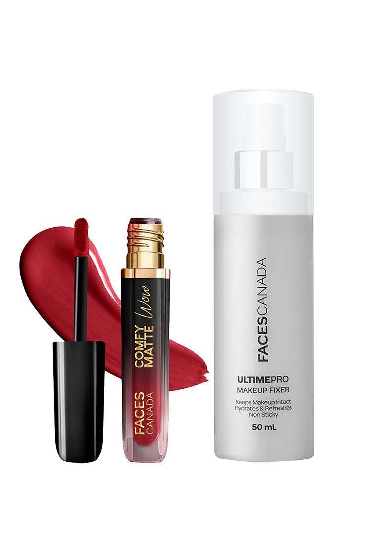 Faces Canada Set Of 2 Comfy Matte Wow Lipstick Maroon Maven 05 3 8Ml Makeup Fixer 50Ml - Indya
