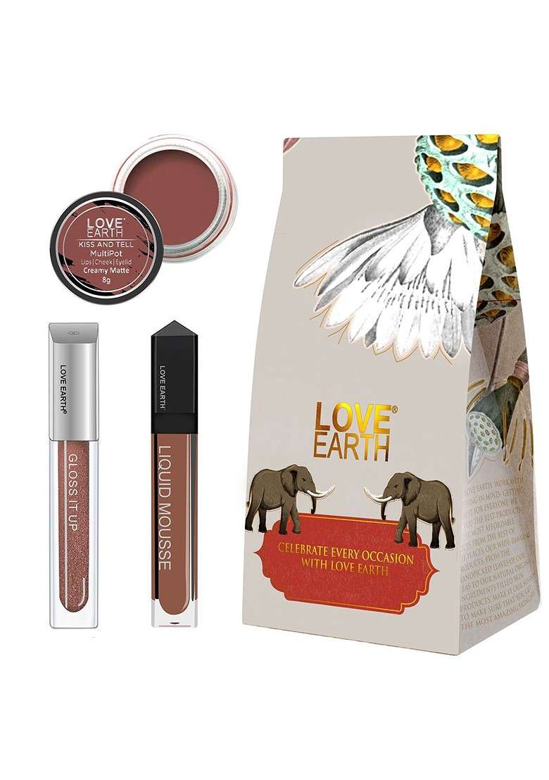 Love Earth Festive Combo Lip Gloss 3Ml Liquid Lipstick 6Ml With Cheek Tint 8G - Indya