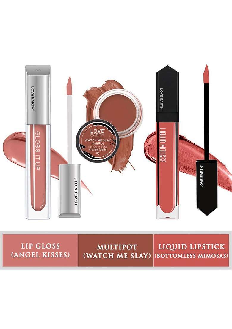 Love Earth Set Of Lip Gloss 3Ml Liquid Lipstick 6Ml With Cheek Tint 8G - Indya