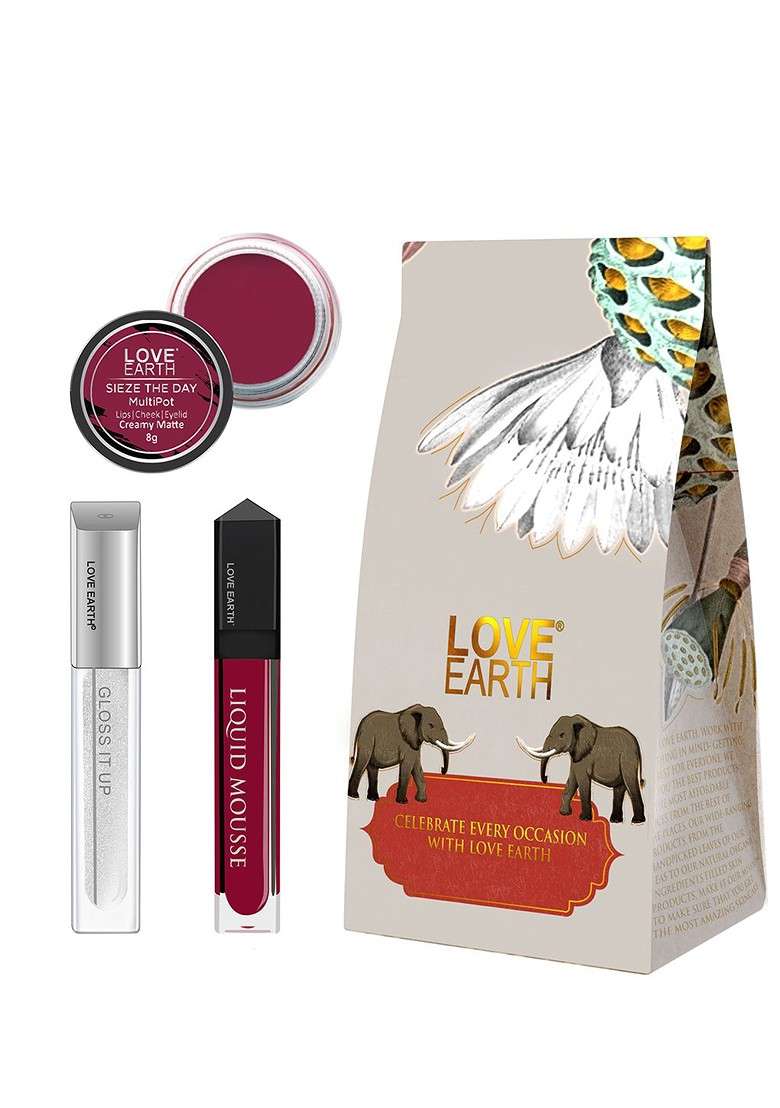 Love Earth Festive Combo Lip Gloss 3Ml Liquid Lipstick 6Ml With Cheek Tint 8G - Indya
