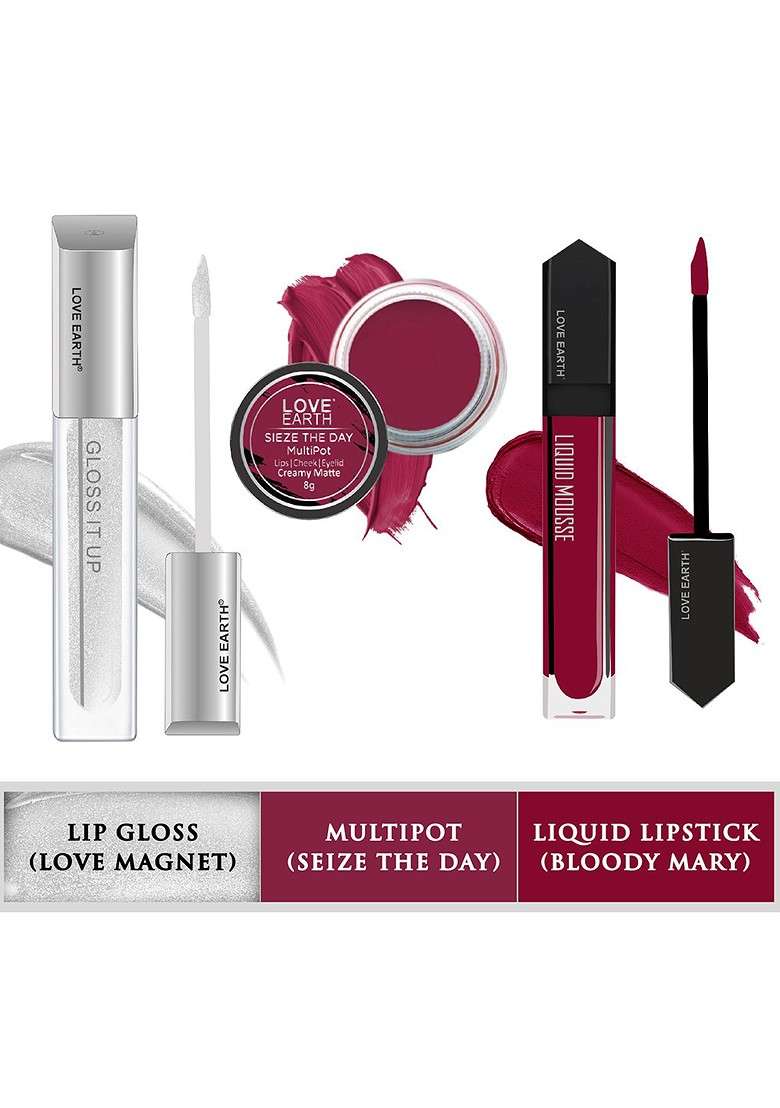 Love Earth Festive Combo Lip Gloss 3Ml Liquid Lipstick 6Ml With Cheek Tint 8G - Indya