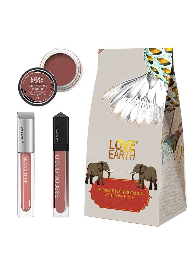 Love Earth Festive Combo Lip Gloss 3Ml Liquid Lipstick 6Ml With Cheek Tint 8G - Indya