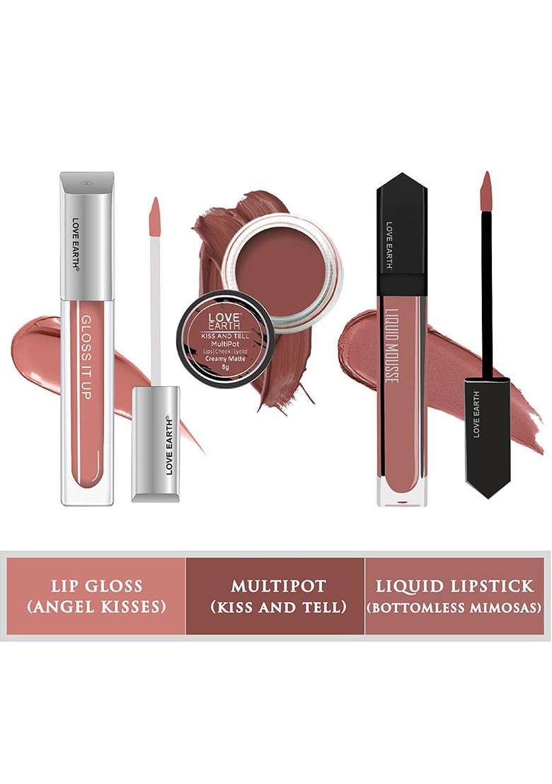 Love Earth Festive Combo Lip Gloss 3Ml Liquid Lipstick 6Ml With Cheek Tint 8G - Indya