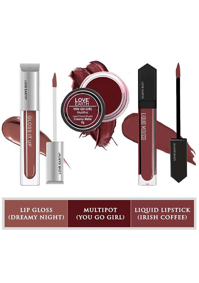 Love Earth Set Of Lip Gloss 3Ml Liquid Lipstick 6Ml With Cheek Tint 8G - Indya