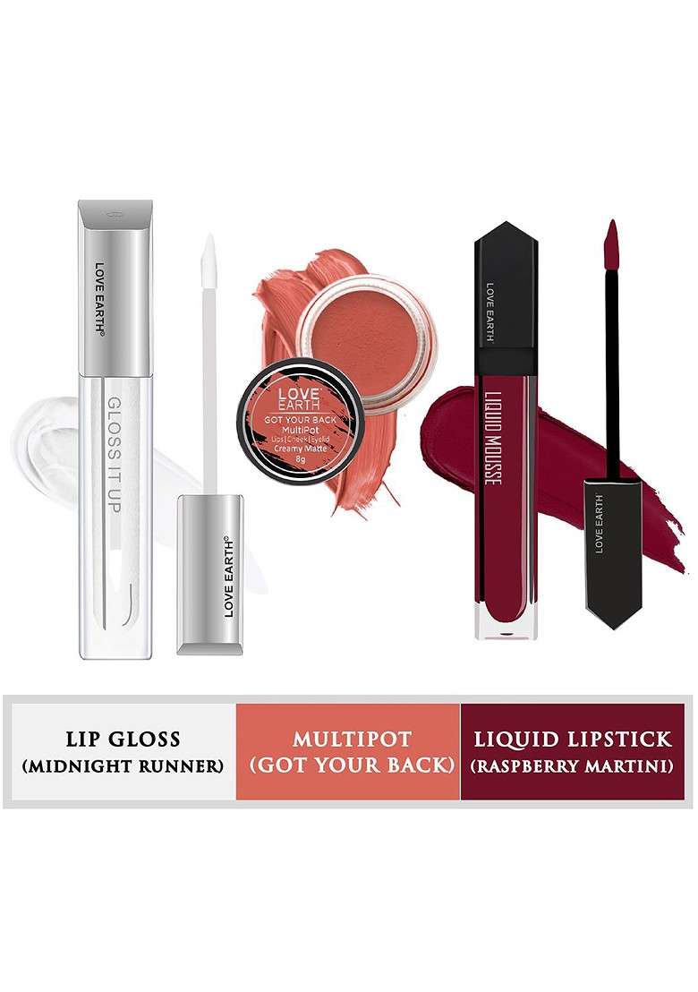 Love Earth 3Pc Lipstick Lip Gloss Multipot Raspberry Martini Midnight Runner Got Your Back - Indya