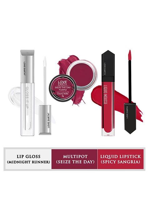 Love Earth 3Pcs Lipstick Lip Gloss Multipot Spicy Sangria Midnight Runner Seize The Day