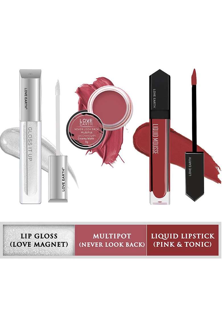 Love Earth Festive Combo Lip Cheek Tint Multipot 8G Gloss 3Ml Liquid Lipstick 6Ml - Indya