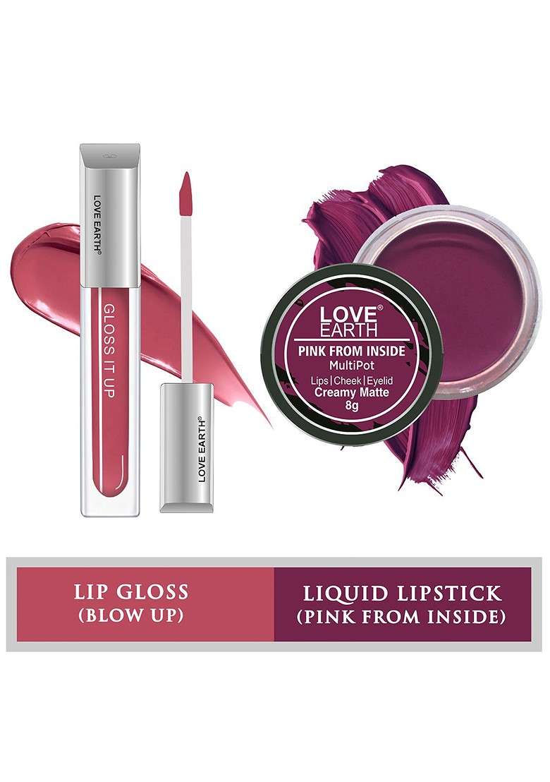Love Earth 2 Pcs Gloss It Up Lip Creme Matte Multipot Pink From Inside Blow - Indya