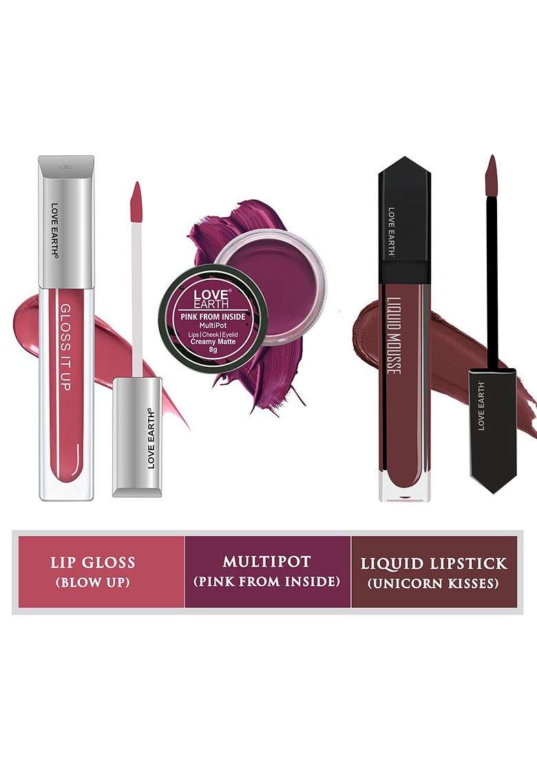 Love Earth Festive Combo Lip Cheek Tint Multipot 8G Gloss 3Ml Liquid Lipstick 6Ml - Indya
