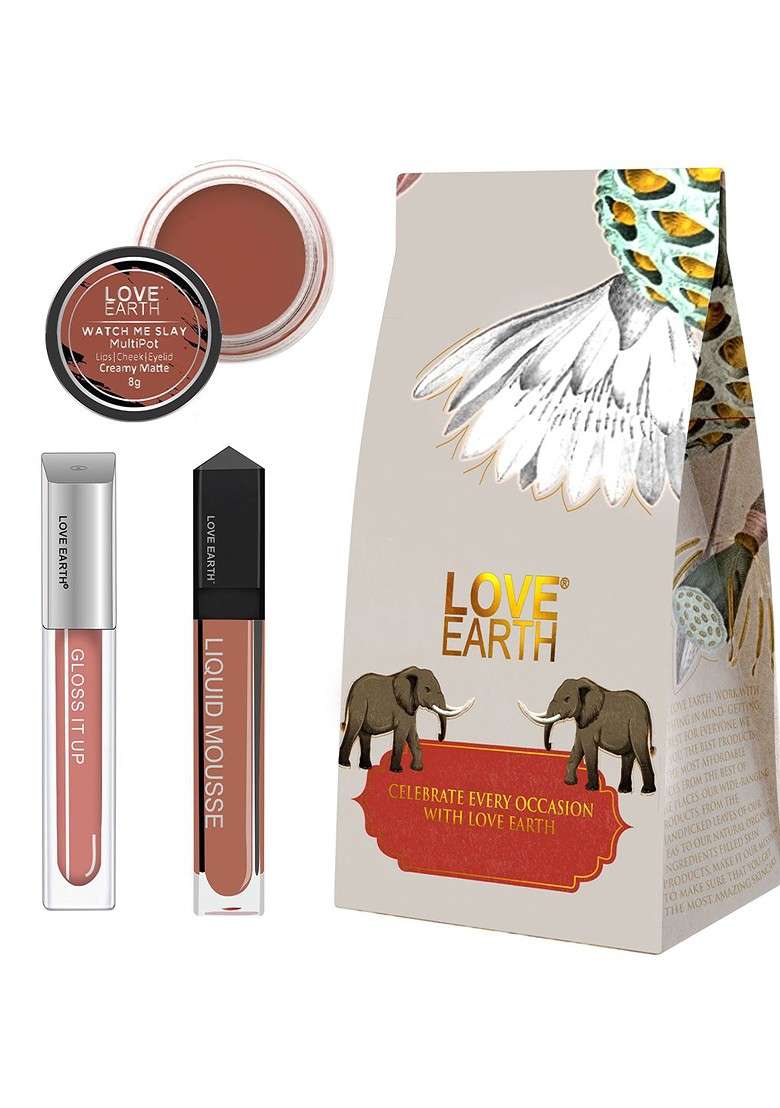 Love Earth Festive Combo Lip Cheek Tint Multipot 8G Gloss 3Ml Liquid Lipstick 6Ml - Indya