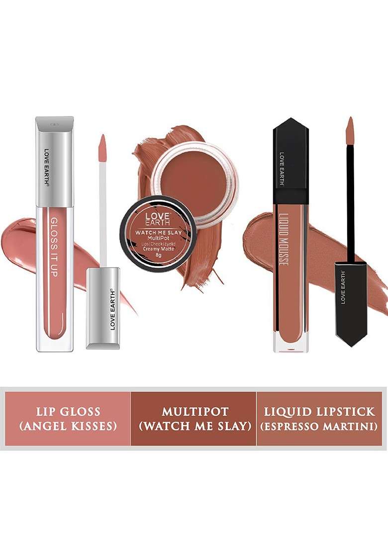 Love Earth Festive Combo Lip Cheek Tint Multipot 8G Gloss 3Ml Liquid Lipstick 6Ml - Indya