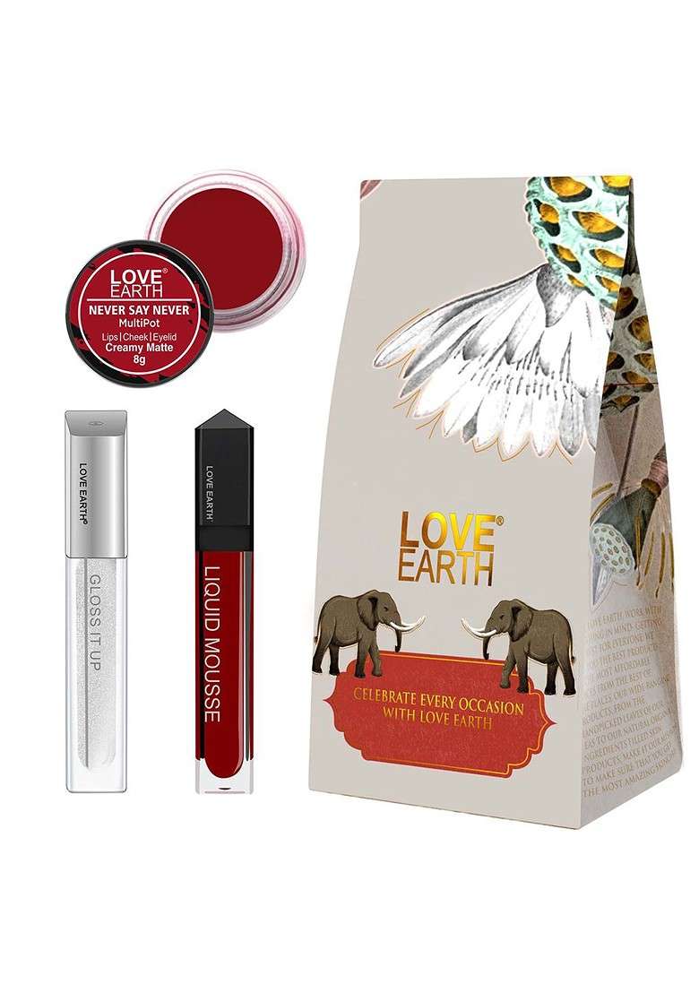 Love Earth Festive Combo Lipstick Lip Gloss Multipot Sea Breeze Magnet Never Say - Indya