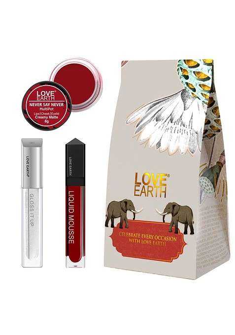 Love Earth Festive Combo Lipstick Lip Gloss Multipot Sea Breeze Magnet Never Say