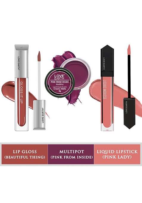 Love Earth Set Of 3 Lip Cheek Tint Multipot 8G Gloss 3Ml Liquid Lipstick 6Ml