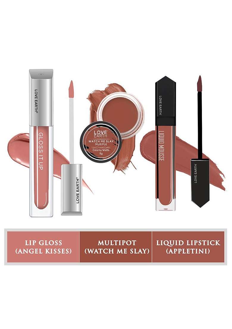 Love Earth Set Of 3 Lip Cheek Tint Multipot 8G Gloss 3Ml Liquid Lipstick 6Ml - Indya