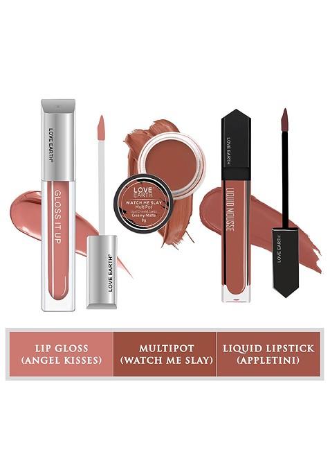 Love Earth Set Of 3 Lip Cheek Tint Multipot 8G Gloss 3Ml Liquid Lipstick 6Ml