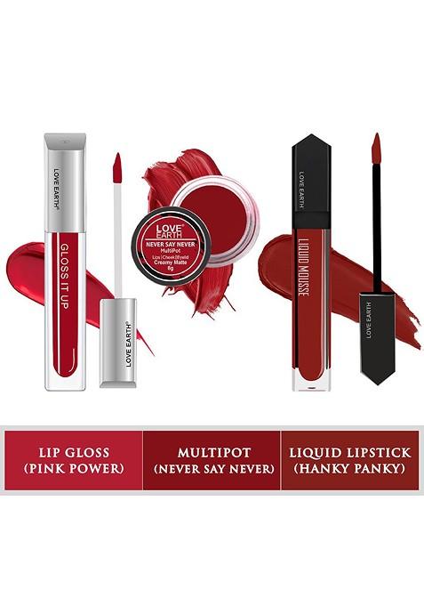 Love Earth 3Pc Lipstick Lip Gloss Multipot Hanky Panky Pink Power Never Say