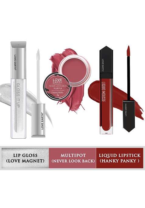 Love Earth Set Of 3 Lip Cheek Tint Multipot 8G Gloss 3Ml Liquid Lipstick 6Ml