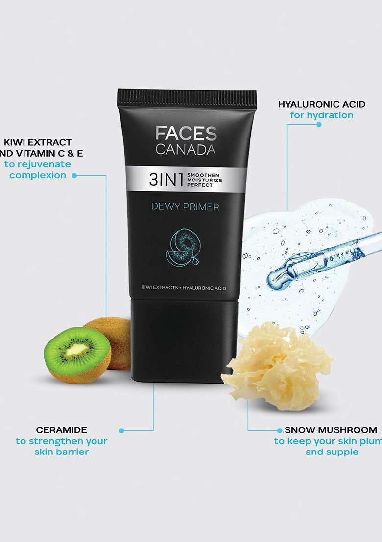 Faces Canada 3 In 1 Smoothen Moisture Perfect Dewy Primer With Hyaluronic Acid 30Gm - Indya