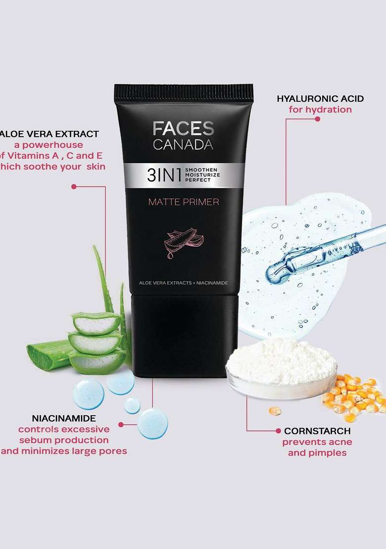 Faces Canada 3 In 1 Matte Face Primer With Aloe Vera Niacinamide 30G - Indya